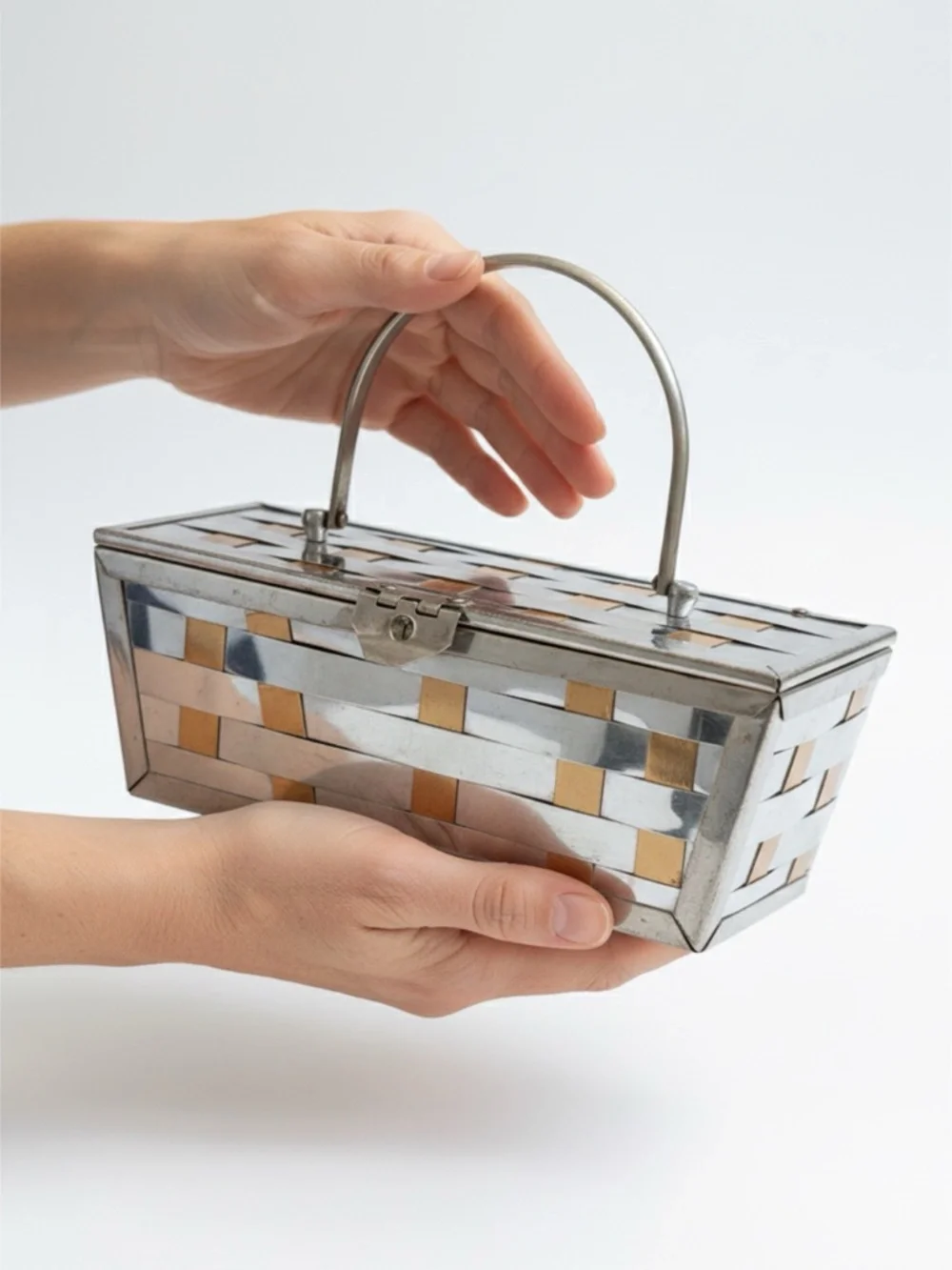 Vintage Mid Century Gold and Silver Minaudière Purse With Woven Geometric Design